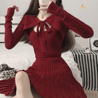 Set: Knit Tie-front Bolero + Spaghetti Strap Knit A-line Dress