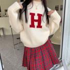 Long-sleeve Lettering Knit Sweater / High-waist Plaid Pleated Mini Skirt