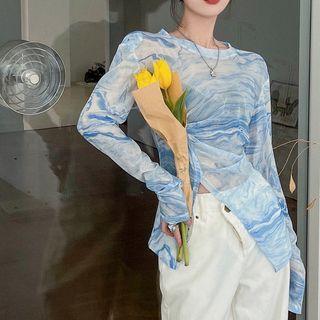 Long-sleeve Print Slit T-shirt Blue - One Size