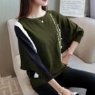 Lettering Faux Pearl Elbow Sleeve Sweater