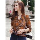 Open-placket Patterned Blouse Brown - One Size