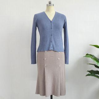 Set: V-neck Cardigan + Double-breasted Knit Skirt