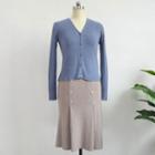 Set: V-neck Cardigan + Double-breasted Knit Skirt