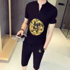 Set: Short-sleeve Embroidered Top + Shorts