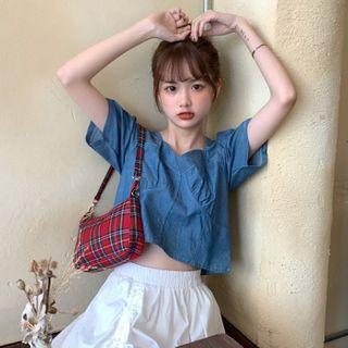 Short-sleeve Cropped Denim Blouse