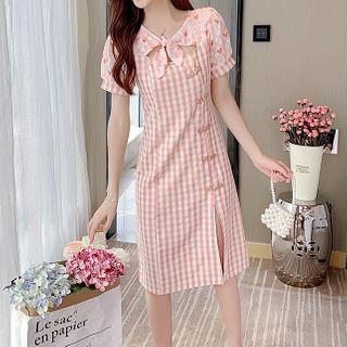 Heart Print Panel Plaid Frog-button Midi A-line Dress