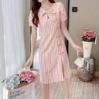 Heart Print Panel Plaid Frog-button Midi A-line Dress