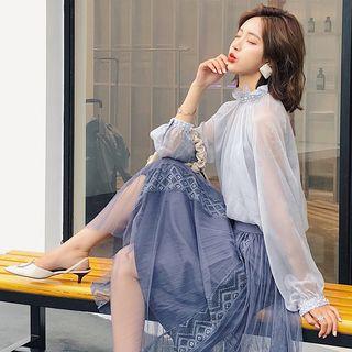 Set: Beaded Blouse + Camisole + Midi A-line Mesh Skirt