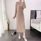 V-neck Pleated Knit Midi Sheath Dress
