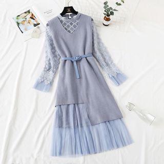Set: Lace Trim Long-sleeve Midi A-line Dress + Irregular Hem Sleeveless Knit Dress