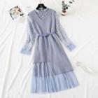 Set: Lace Trim Long-sleeve Midi A-line Dress + Irregular Hem Sleeveless Knit Dress