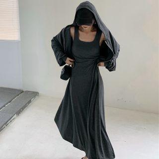 Plain Midi A-line Tank Dress / Zip-up Hoodie