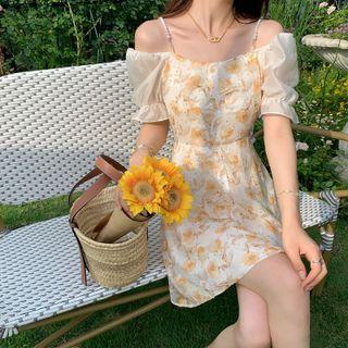 Elbow-sleeve Floral Print Blouse / A-line Dress