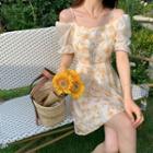 Elbow-sleeve Floral Print Blouse / A-line Dress