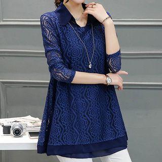 Set: Sleeveless Blouse + Long-sleeve Lace Tunic