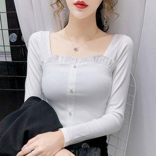 Square-neck Long-sleeve Ruffled T-shirt