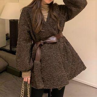 Tie-waist Fleece Jacket Coffee - One Size