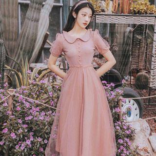 Short-sleeve Mesh Striped Panel Long Dress