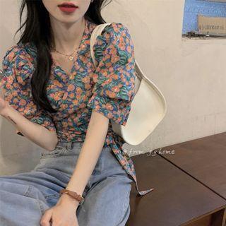 Elbow-sleeve Floral Blouse Orange Floral - Blue - One Size
