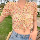 Short-sleeve Floral Printed Cropped Top As Shown In Figure - One Size