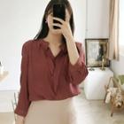 Layered-placket 3/4-sleeve Crepe Blouse Red Brown - One Size