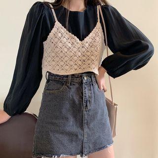Set: Long-sleeve Top + Spaghetti Strap Perforated Knit Top