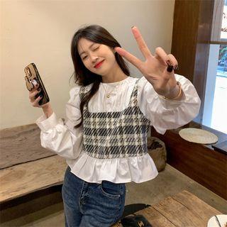 Mock Two-piece Puff-sleeve Plaid Blouse White - One Size