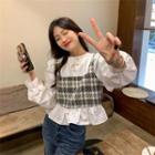 Mock Two-piece Puff-sleeve Plaid Blouse White - One Size