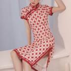 Short-sleeve Pattern Midi Qipao Dress