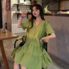 Short-sleeve Ruffled Layered Dress Avocado Green - One Size