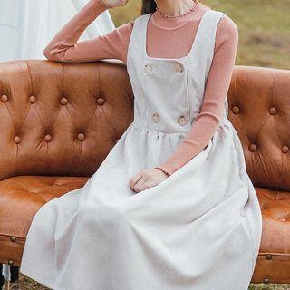 Corduroy A-line Midi Pinafore Dress / Lettering Sweater / Set