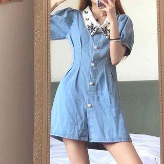 Denim Puff-sleeve Single-breasted Dress