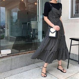 Spaghetti-strap Dotted Long Dress Black - One Size