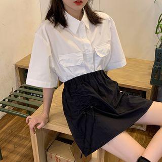 Short-sleeve Plain Cropped Shirt / Drawstring Mini Skirt