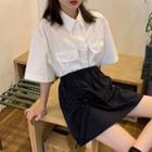Short-sleeve Plain Cropped Shirt / Drawstring Mini Skirt