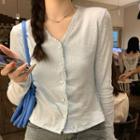 Long-sleeve Lace Trim Button-up T-shirt Blue - One Size