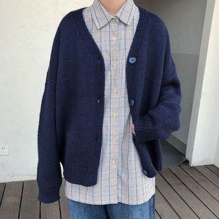 Plaid Button-down Shirt / Knit Cardigan