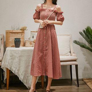 Elbow-sleeve Cold Shoulder Frill Trim Striped A-line Midi Dress