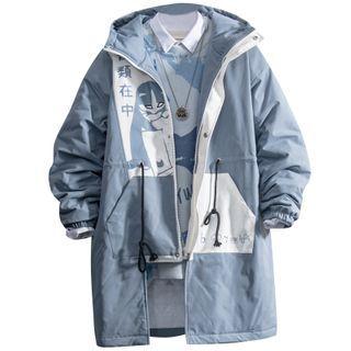 Print Two-tone Hooded Zip-up Coat