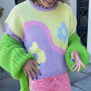 Color Block Flower Print Sweater Purple - One Size