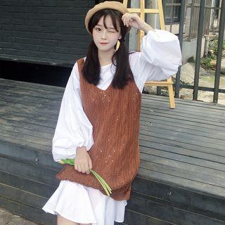 Set: Balloon-sleeve Dress + Sleeveless Cable-knit Mini Dress