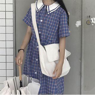Elbow-sleeve Plaid Sailor Collar Midi A-line Dress Plaid - Dark Blue - One Size