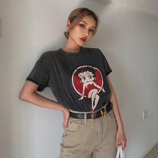 Washed Printed T-shirt Dark Gray - One Size