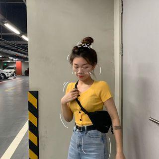 Button Short-sleeve Top Yellow - One Size