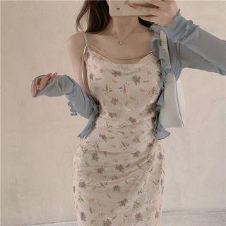 Ruffle Cardigan / Spaghetti Strap Floral Midi Sheath Dress