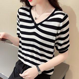 Elbow-sleeve V-neck Striped Knit Top