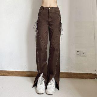 Mid Waist Lace-up Boot-cut Slit Pants