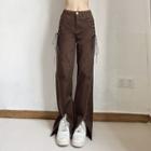 Mid Waist Lace-up Boot-cut Slit Pants
