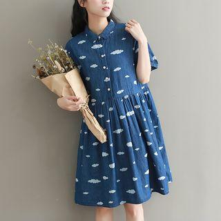 Cloud Print Short Sleeve Denim Shirt Dress