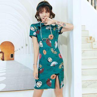 Fan Print Short-sleeve Slit Mini Qipao